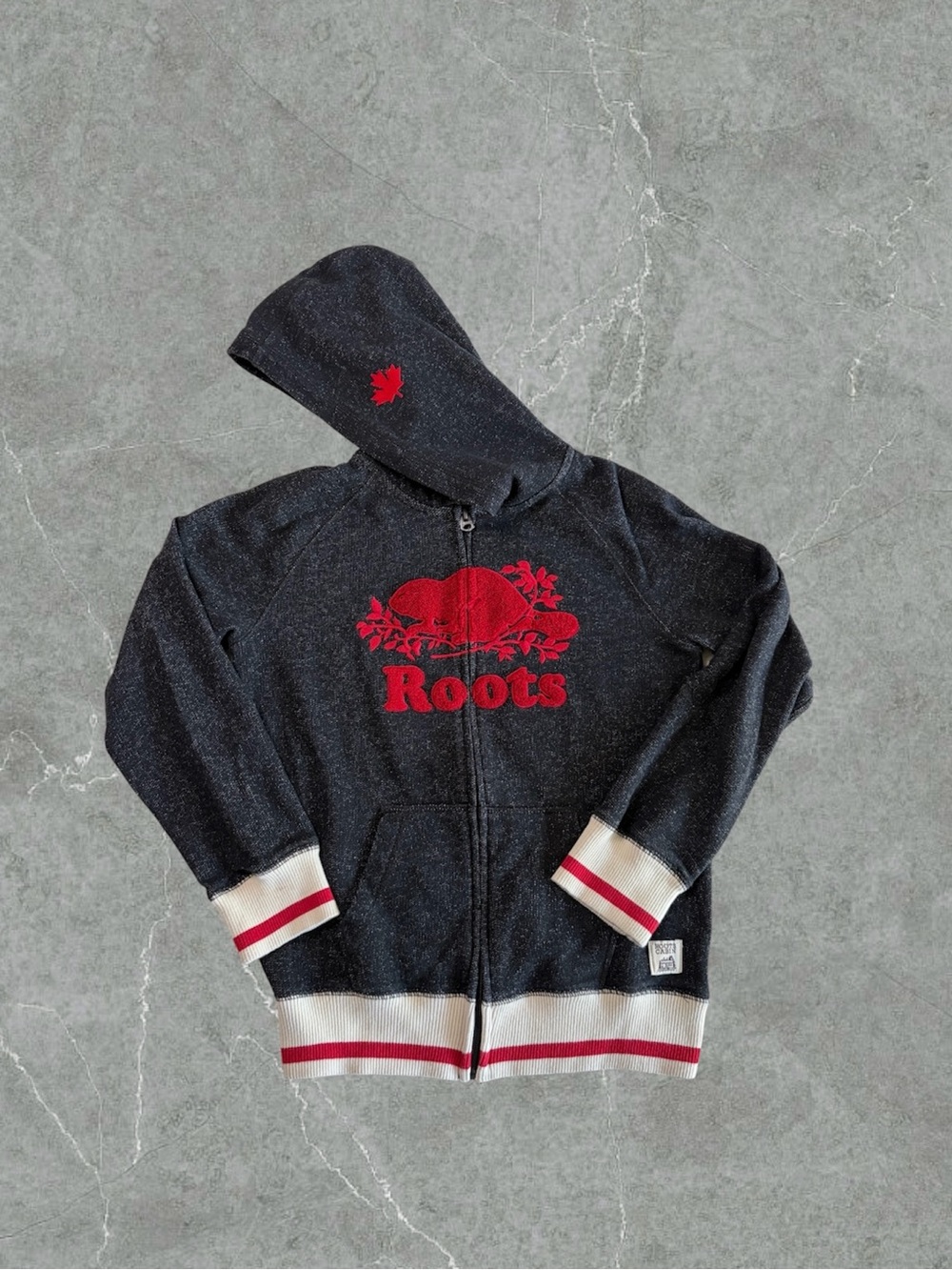 Roots Kids Charcoal Black Cabin Hoodie with Red Logo and Cream Stripes